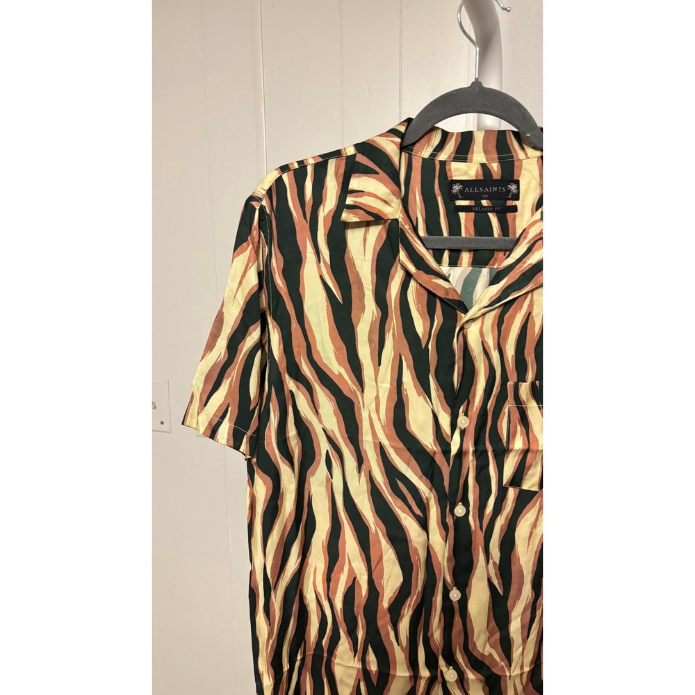 $199 NWT AllSaints Fired Camp Shirt Mens XS Brown Tiger Animal Print - Picture 6 of 11